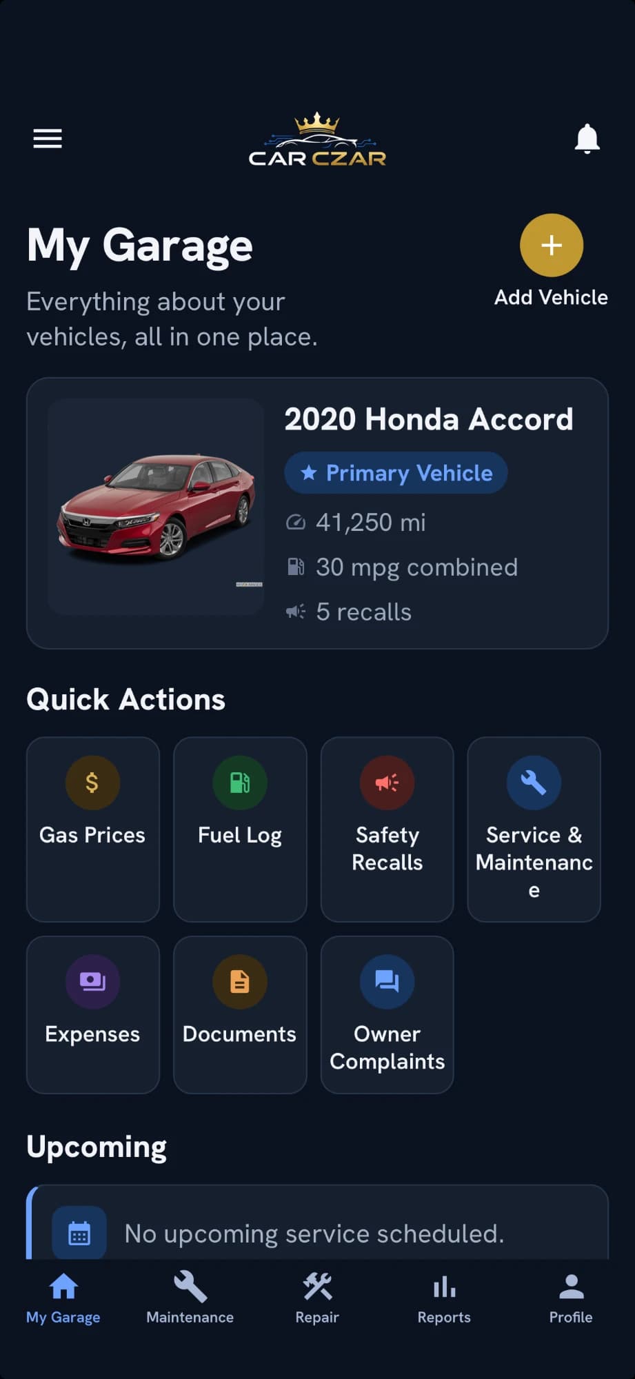 The Car Czar mobile app, showing the My Garage screen with a 2020 Honda Accord, quick actions, and upcoming service.