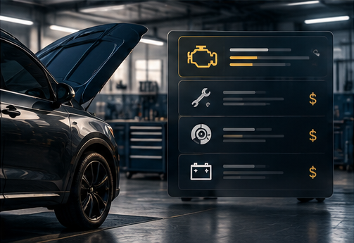 A dark car with its hood open in a repair shop beside a panel of repair cards: engine, wrench, brakes and battery, each with a cost.