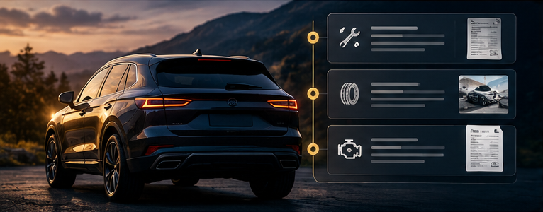 A dark SUV from behind at sunset beside a vertical timeline of service entries: a repair, tires and an engine check, each with an attached invoice or photo.