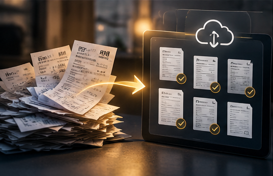 A pile of paper receipts with a glowing arrow pointing to a tablet showing six digitized documents, each with a checkmark and a cloud upload icon.