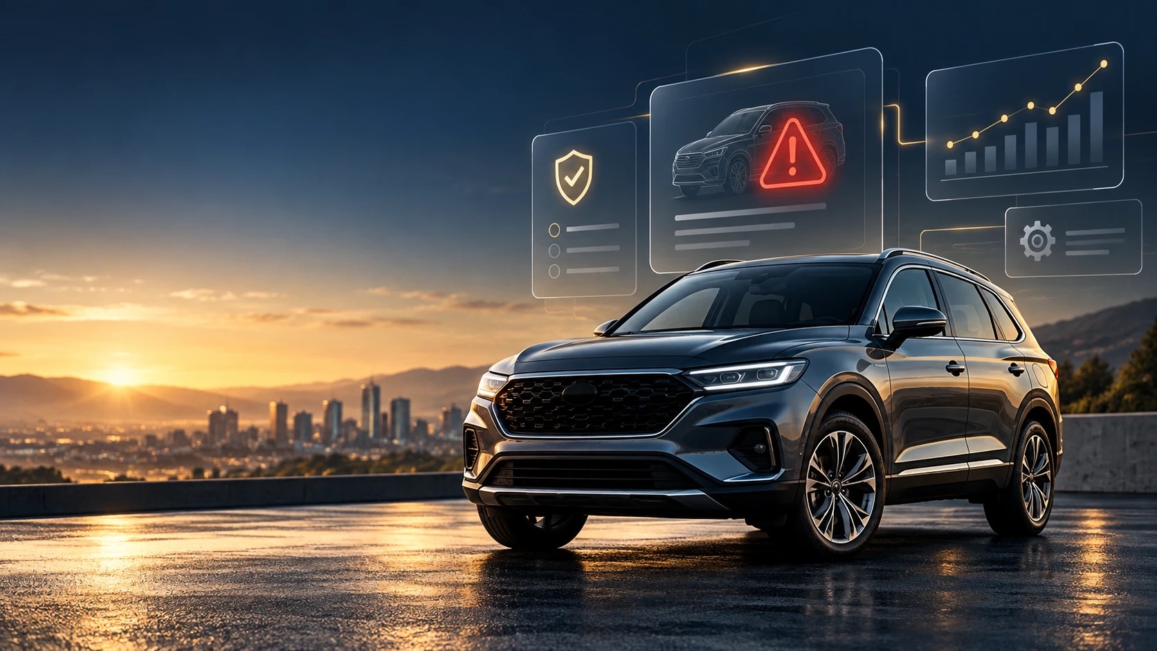 A dark gray SUV parked at sunset overlooking a city, with floating translucent panels behind it showing a red recall warning triangle, a shield with a checkmark, a bar chart and a settings gear.