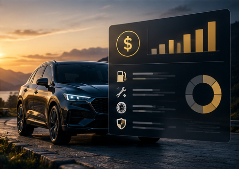 A dark SUV at sunset beside a cost dashboard with a dollar icon, a bar chart, a donut chart and fuel, service, tire and insurance categories.