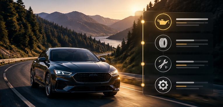 A dark sedan on a mountain road at sunset beside a vertical timeline of maintenance items: oil, tires, service and mechanical work, each with a progress bar.