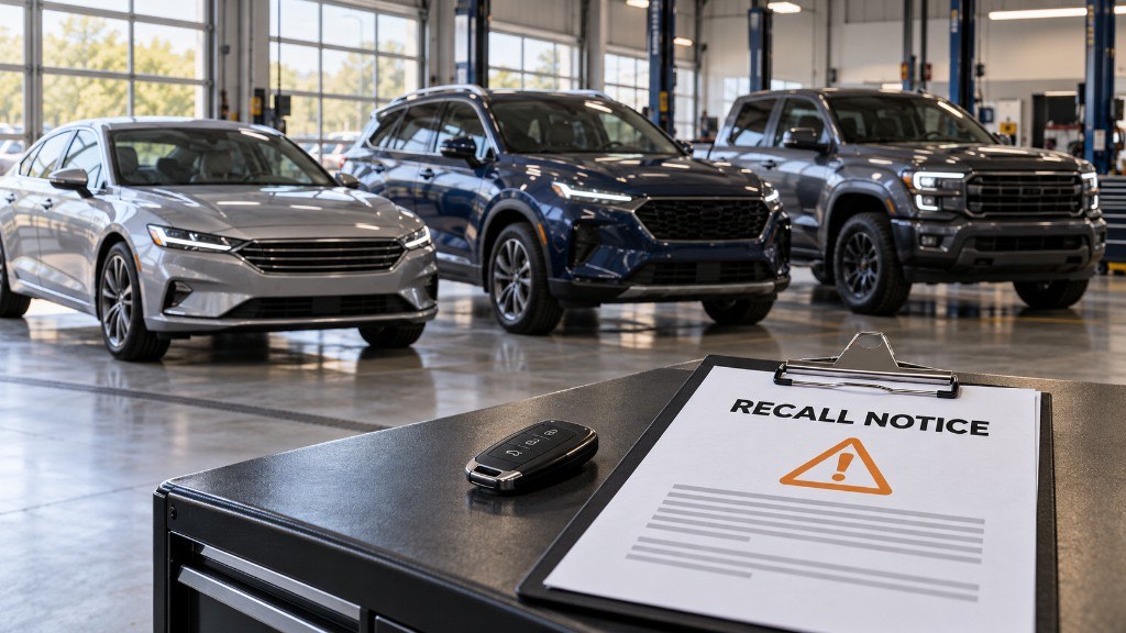 A recall notice on a clipboard in a service bay, with a sedan, SUV and pickup truck in the background.